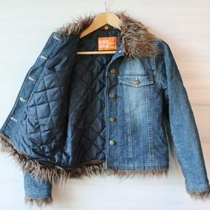 Fur Trim Insulated Medium Wash Denim Jacket